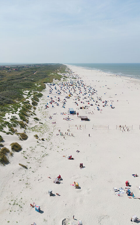 Luftaufnahme des Strandes auf Juist mit Strandkörben und Strandpromenade