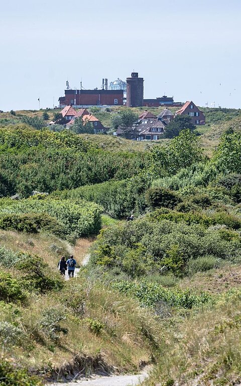 Unterkünfte auf Juist mit Aussicht auf den Ortskern der Insel aus Ostern mit Sicht auf Haus des Kurgastes und Wasserturm mit umgebender Dünenlandschaft im Vordergrund