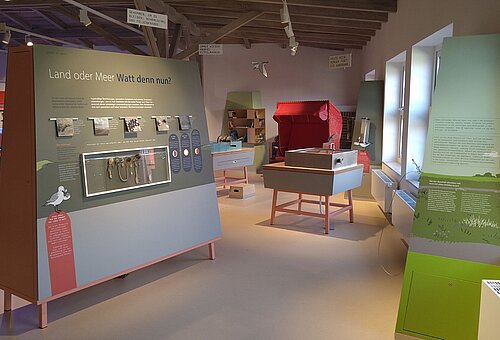 2023 neu eröffnete Ausstellung im Nationalpark-Haus Juist mit dem Fokus auf natürliche Veränderungen des Lebensraums auf Juist, Memmert und der Kachelotplate