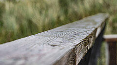 Herbsturlaub auf Juist - Nahaufnahme eines Holzbohlen an einer Aussichtsplattform auf Juist mit Regentropfen