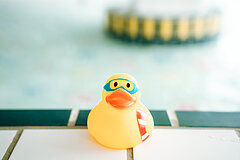 Schwimmbad auf Juist - Bild zeigt Meerwassererlebnisbad im TöwerVital mit Blick auf eine Gummiente am Rande eines Beckens